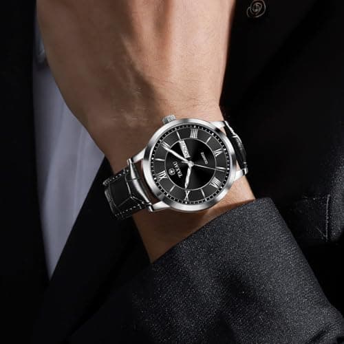 Taxau Mens Watch Black Leather Band Waterproof Watches for Men Casual Analog Quartz Dress Watch Large Face Men's Wrist Watch Classic Luxury Watches with Day Date Luminous - Thumbnail 3