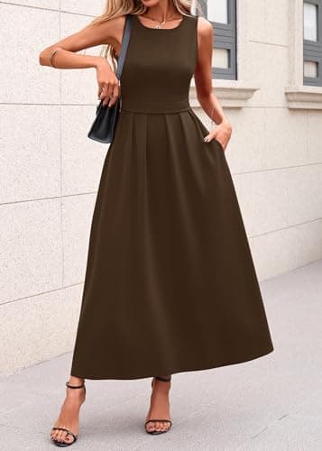 Lazysmile Summer Sleeveless Maxi Dresses for Women Mock Neck Pleated A Line Formal Cocktail Wedding Guest Dress Brown - Thumbnail 5