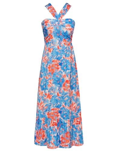 GRACE KARIN Womens Summer Floral Dresses 2026 Boho Maxi Dress Flowy Halter Sundress Casual Vacation Beach Clothes with Pocket Blue Watercolour XXL - Image 1