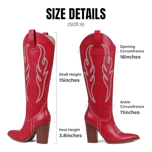 Celbreez Womens Cowboy Boots Red Cowgirl Boots with Embroidered Knee High Cowboy Boot Women Pointed Toe Side Zipper Western Boot Leather Wide Calf Chunky Heel Country Shoes - Thumbnail 5