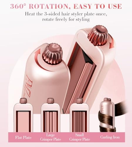 FMZ Flat Iron Hair Straightener Crimper Curler, Professional 4 in 1 Pink Hair Styling Irons for Straightening, Crimping, Curling, Fast Heating, Dual Voltage, Mini and Portable for Women Travel Home - Thumbnail 2