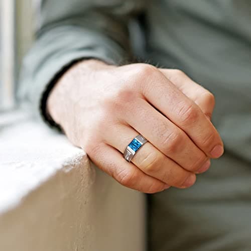 Bestyle White Gold Vermeil Sterling Silver Rings Classic Simple Men Cubic Zirconia Band Blue Topaz Finger Ring Sterling Silver Wedding Band Engagement Promise Rings for Father Husband Son Size 13 - Thumbnail 2