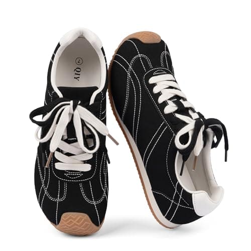 QIY Womens Black Sneakers Comfortable Casual Shoes for Women Lace up Black Suede Tennis Shoes Womens Wide Toe Sneakers Size 9.5 - Thumbnail 6