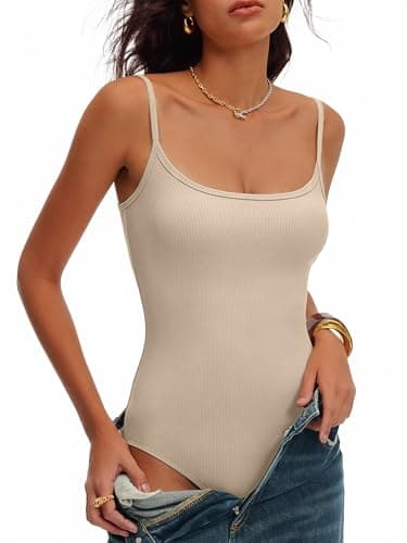 ANRABESS Women Bodysuits Square Neck Spaghetti Straps Sleeveless Cami Top Summer Backless Ribbed Knit Basic Body Suits Almond Small - Thumbnail 4