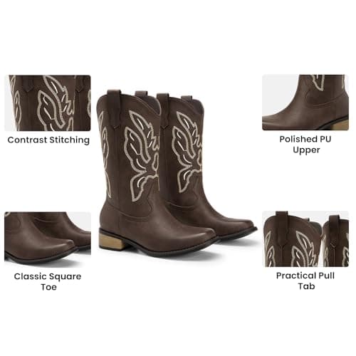 Athlefit Cowboy Cowgirl Boots for Women Mid Calf Square Toe Comfortable Slip On Chunky Low Heel Embroidery Mid Calf Boots Dark Brown Size 7,SAMB2605W - Thumbnail 4
