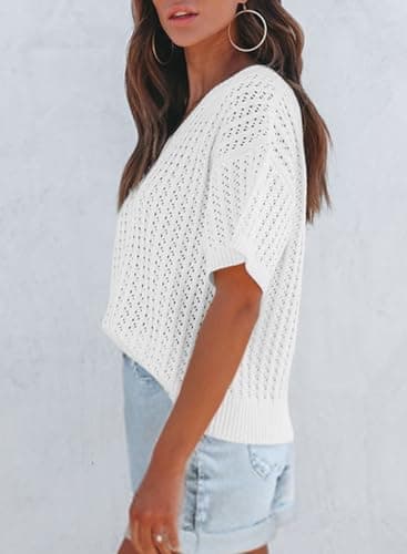 Dokotoo Womens Tops Dressy Casual Fashion 2025 Summer Comfy Short Sleeve Sexy V Neck Tunic Tops Blouses Solid Color Pullover Sweaters for Women Lightweight Baggy Hollow Out Tops White Small - Thumbnail 5