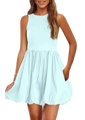 PRETTYGARDEN Summer Dresses for Women 2026 Casual Sleeveless Tank Mini Short Cocktail Dress Crew Neck Bubble Sundress Pockets (Blue,Medium) - Image 1