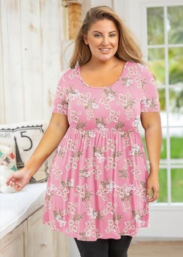 AusLook Women's Plus Size Tunic Short Sleeve Clothes Scoop Neck Summer Tops Pleated Flowy Loose Fit Babydoll T Shirt L-5X, D07-pink Floret, 3XL Plus - Thumbnail 4