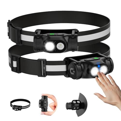 Spriak Rechargeable Running Headlamp, High Lumens Bright Head Lamp Led with Motion Sensor, 4 Modes, Magnet, Detachable Flashlight & Headband for Adult, Outdoor, Emergency, Hard Hat Light 2PC