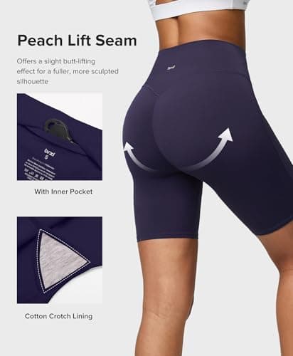 BRXL Workout Shorts Women 8" No Front Seam High Waist Yoga Gym Biker Shorts Tummy Control with Inner Pocket Navy Blue - Thumbnail 4