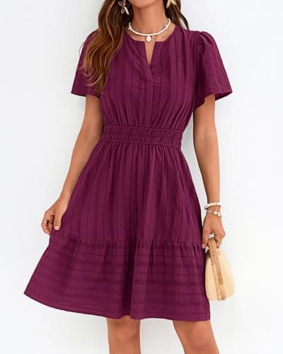 BTFBM Womens Spring 2026 Casual Mini Dresses Lightweight Short Sleeve V Neck Elastic Waist Cute Boho Beach Dress Pockets(Burgundy, X-Large) - Thumbnail 6