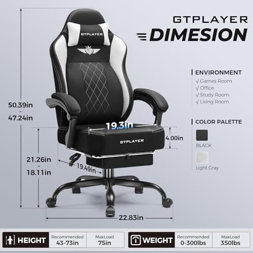 GTPLAYER Big and Tall Gaming Chair Breathable Fabric Computer Chair with Strong Lumbar Support, Comfortable Office Chairs with Pocket Spring Cushion, High Back Ergonomic Desk Chairs with Footrest - Thumbnail 2