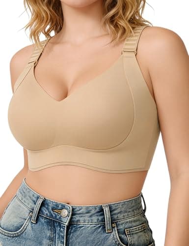 REALWILL Womens Wireless Jelly Bra No Underwire Seamless Push Up Supportive Full Coverage Soft Comfort Everyday T-Shirt Bra Beige L - Image 1