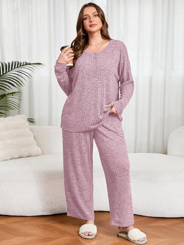 AusLook Plus Size 2 Piece Sets for Women Loose Wide Leg Pant Long Sleeve Top Matching Sets Pink 1X Tracksuit Loungewear 2025 Vacation Travel Airport Outfits Going Out Comfy Track Suits - Thumbnail 4