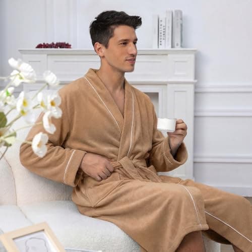 Inner Wish Men's Terry Cloth Bathrobe - Soft Absorbent Quick-Dry Spa Robe with Pockets, Lightweight Robe for Lounge & Shower，Khaki，L/XL - Thumbnail 6