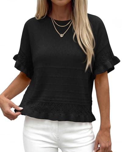 KIRUNDO Short Sleeve Sweater for Women 2026 Spring Summer Tops Crochet Round Neck Ruffled Hem Knit Pullover Casual Blouse(Black, Medium) - Thumbnail 4