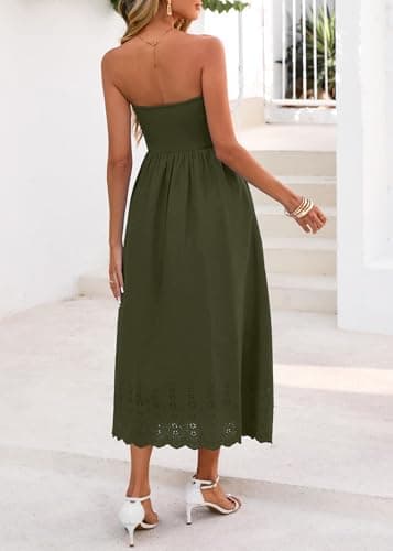 Lazysmile Summer Boho Maxi Dress for Women Strapless Tube Top Lace Trim A Line Beach Casual Long Dress Army Green - Thumbnail 2