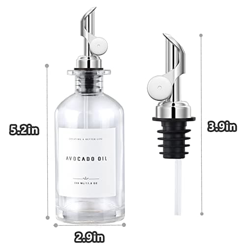 GIXSEGIE Olive Oil Dispenser Bottle Set with Bamboo Tray, Silver Classic Oil Dispenser, 2 x 350ML Glass Bottles, Weighted Metal Pourers, Kitchen Storage & Dispensing - Thumbnail 6