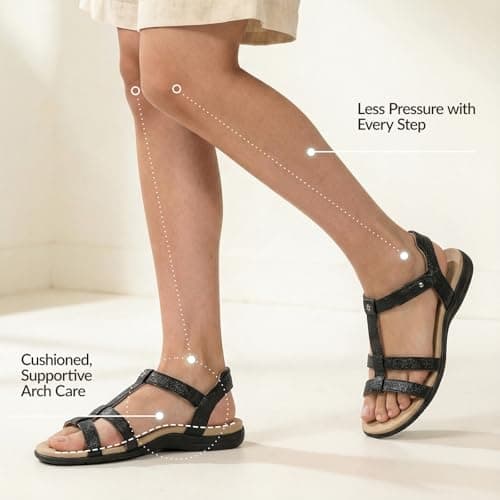 Rihero Women's Orthopedic Flat Sandals with Arch Support Comfortable Dressy Casual Walking Orthotic Flat Sandals Black Emboss Size 8.5 - Thumbnail 6