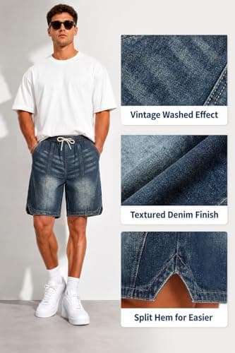 Heyfanee Mens Baggy Jean Shorts Y2k Elastic Waistband Jorts Men Streetwear Wide Leg Denim Shorts for Men Washed Blue 38 - Thumbnail 5