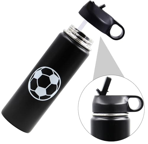 22 oz Soccer Water Bottle, Stainless Steel Vacuum Insulated Water Bottle with Straw and 2 Lids, Double Wall Leakproof Sports Flask, Soccer Gifts for Boys, Kids, Girls, Coach - Thumbnail 2