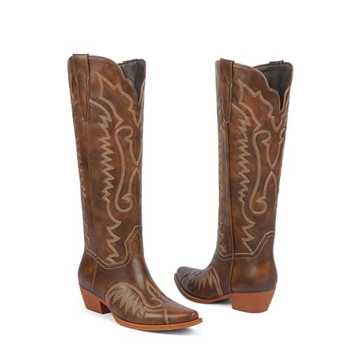 Easyfox Cowboy Boots for Women Knee High Brown Cowgirl Boots Square Toe Low Chunky Heel Embroidery Tall Western Boots for Women Size 7 - Thumbnail 4