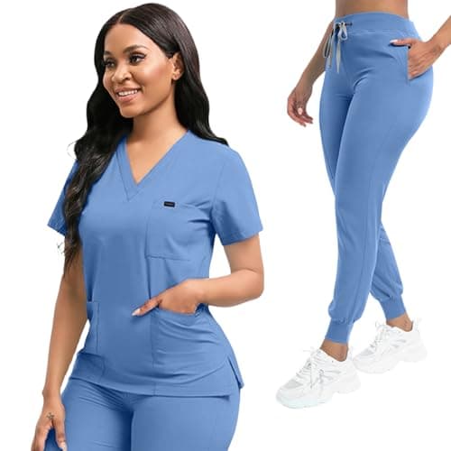 YEZEX Scrubs for Women Set, Women's V-Neck Top & Jogger Scrub Pants, Nursing Uniform Scrubs Set with 8 Pockets, for Nurse Esthetician Workwear (Ceil Blue) - Image 1