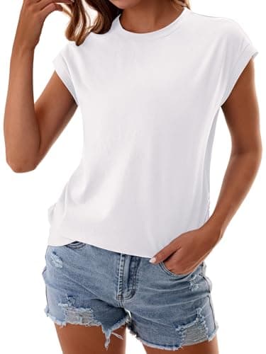 GKBK Womens T Shirts O Neck Short Cap Sleeve Cotton Tops Summer Ruched Trendy Basic Tee Shirt White XL - Thumbnail 4