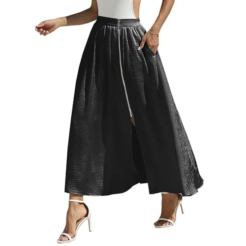 MOLABYZ Zip Wrap Skirt Boho Maxi A-Line Flowy Beach Vacation Resort Casual Cocktail Formal Wedding Guest Slit Front Elastic Waist Long Skirt with Pockets (US, Alpha, X-Large, Regular, Regular, Black) - Image 1