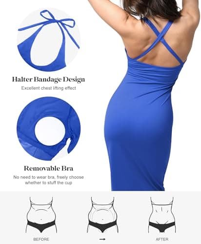 Popilush Shapewear Dress Halter Dress with Build in Shapewear Blue Casual Date Night Out Dress for 2024 Summer - Thumbnail 3
