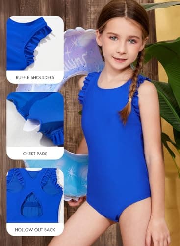 DOKOTOO KIDS Girls Swimsuit Summer Teen Girl Swimming Suits Removable Pads Ruffle One Piece Swimsuits Solid Cute Fashion Swimwear Cross Back Sleeveless Beachwear Royal Blue Size 12 13 Years Old - Thumbnail 2