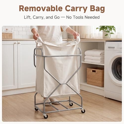 StorageWorks Laundry Basket with Wheels, 120L Rolling Laundry Hamper with Removable Bag and Handles, Laundry Cart for Storage and Organizer, Beige - Thumbnail 5