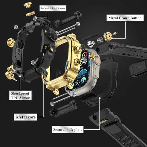 Deczone Band with Rugged Case Compatible with Apple Watch Bands 49mm (Ultra 3/2/1), Sport iwatch Bands Protective Bumper Cover for Men (49mm Gold) - Thumbnail 4