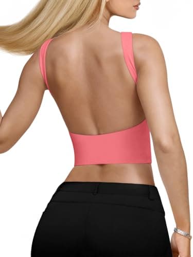 REORIA Women's Summer Sexy Open Back High Neck Sleeveless Tank Top Double Lined Y2k Trendy Backless Crop Tops Peach Pink Large - Image 1