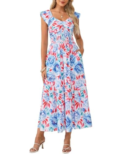 Summer Floral Maxi Dress for Women 2026 Flowy A-line Wedding Guest Dresses Ruffle Sleeve Smocked Sundress with Pocket Blue Red M - Image 1