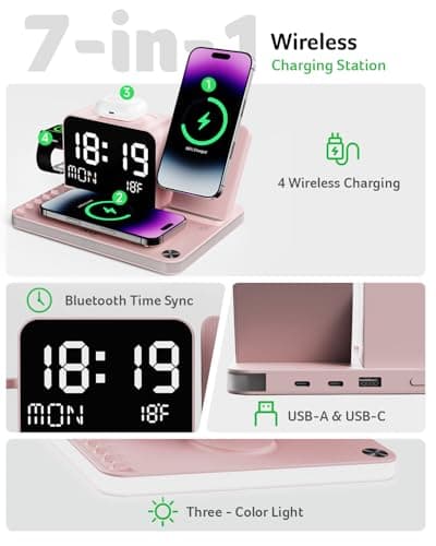 Acer 7-in-1 Wireless Charging Station with LED Clock - 30W Fast Wireless Charger for iPhone 16/15/14/13/12/Pro Max, Apple Watch, AirPods - Bluetooth Auto Time Sync & Night Lights (Pink) - Thumbnail 2