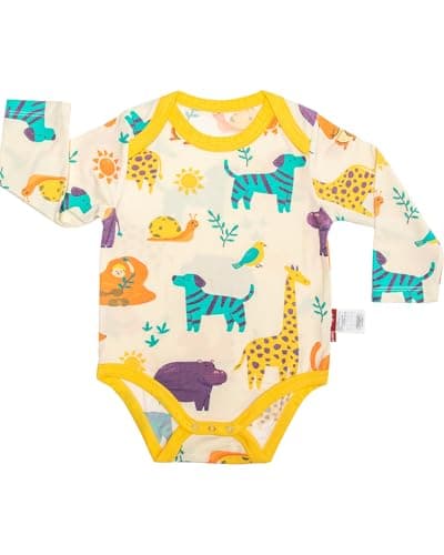 aqpa Long Sleeve Bodysuit for Baby Girls & Boys, Newborn Onesies 92% Viscose from Bamboo, Tagless Baby Clothes w/Snaps (Beige-Zoo, 12-18 Months)