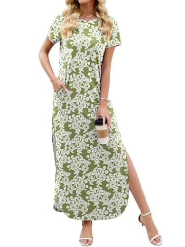 Heymoments Womens Summer Maxi Dress Floral Print Small Short Sleeve Casual Loose Fitted Long T Shirt Ladies Flowy Dresses Split Cute Vacation Party Beach Travel Elegant Sundress with Pockets - Image 1