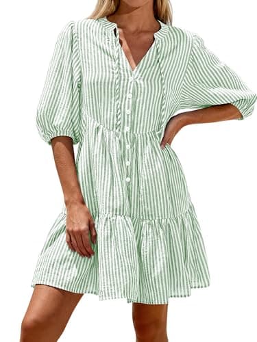 BTFBM Womens Summer Dresses 2026 Striped Mini Dress Half Sleeve Button Down Casual Flowy Beach Vacation Outfits Pockets(Green, XX-Large) - Image 1