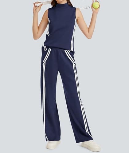 Casly Lamiit Two Piece Lounge Sets for Women Travel Outfits Casual Track Suit Sleeveless Tops Wide Leg Pant Summer Tennis Set Activewear Navy Blue L - Thumbnail 2