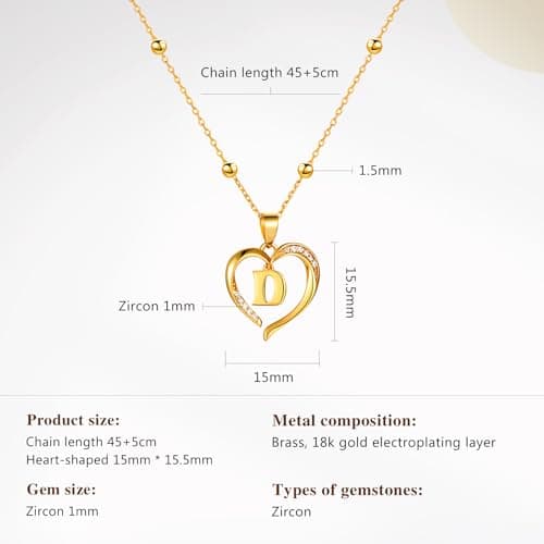 Cicy Bell Womens Heart Initial Necklace for Women 18k Gold Plated Cubic Zirconia Dainty Letter Pendant Necklace 17.7'' with 9'' Extender - Thumbnail 6