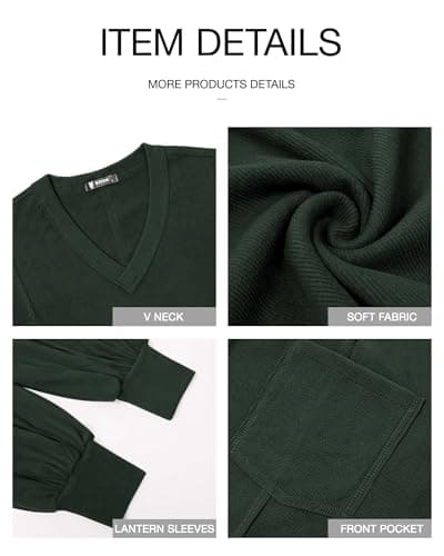 BTFBM Womens Fall Fashion 2026 Long Sleeve Shirts Casual V Neck Ribbed Knit Blouses Pullover Trendy Loose Fit Tunic Tops(Solid Dark Army Green, Small) - Thumbnail 6
