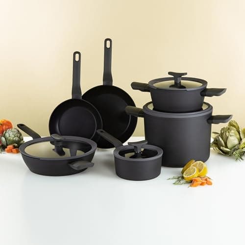 BergHOFF Leo 10Pc Non-stick Ceramic Cookware Set With Glass Lid, Cast Aluminum, Non-toxic, CeraGreen Nonstick Coating, Stay-cool Handle, Induction Pots and Pans, Black
