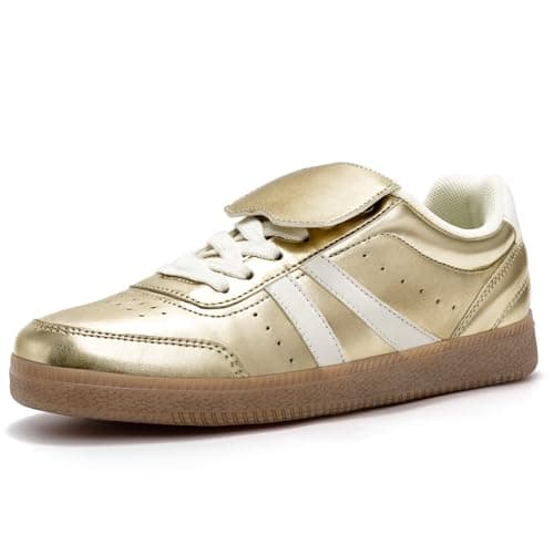 Rihero Women's Fashion Sneakers Tennis Walking Shoes Lace-Up Comfortable Non Slip Casual Gold Sneakers Size 6 - Image 1