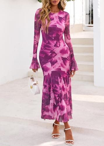 Lazysmile Women's Long Sleeve Floral Maxi Dresses Fall Formal Crewneck Bodycon Mesh Ruffle Wedding Guest Cocktail Party Dress Purple - Thumbnail 6