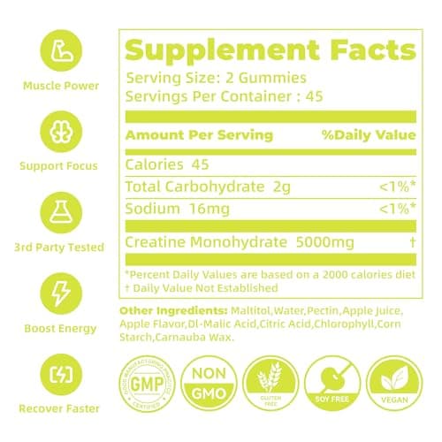 novomins Creatine Monohydrate Gummies 5000mg for Men & Women, Chewables Creatine Monohydrate for Muscle Strength, Muscle Builder, Energy Boost, Pre-Workout Supplement(90 Count)-Apple Flavor. - Thumbnail 3