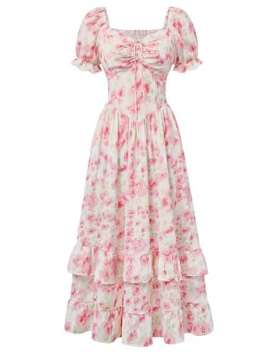 Scarlet Darkness Women Floral Cottagecore Dress Puff Sleeve Maxi Ruffled Corset Dress Watercolor Rose S - Image 1