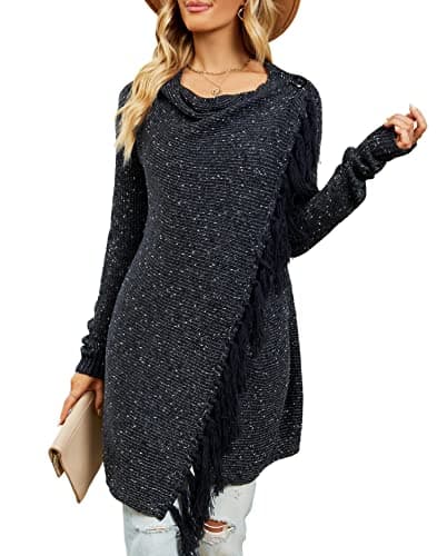 CEASIKERY Women's Tassel Hem Sweater Long Cardigan Knitwer Pullover Poncho Coat Navy Blue - Image 1