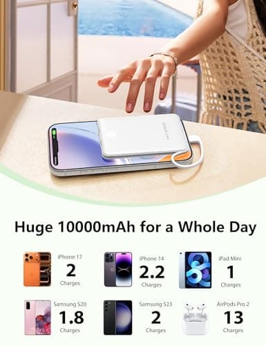 miisso 10000mAh Mini Portable Charger with Built in Cable, Pocket Size Power Bank Travel External Battery Pack for Phone, 3 Output USB Type C Cord Clutch Compatible with iPhone, Samsung, White - Thumbnail 3