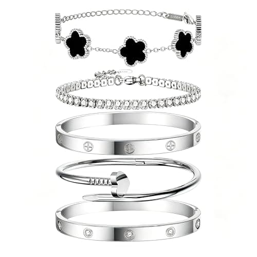 JINDETAI Stackable Silver Bracelets for Women - 3/4/5 Sets, Non-Tarnish Stainless Steel & Sterling Silver Trendy Stackable Bangle Jewelry Set, Gifts for Valentine's Day, Birthday, Prom and Christmas - Image 1